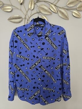 Moschino Blue Logo & Graphic Button-Down Shirt Oversized Size 2 Eur 38